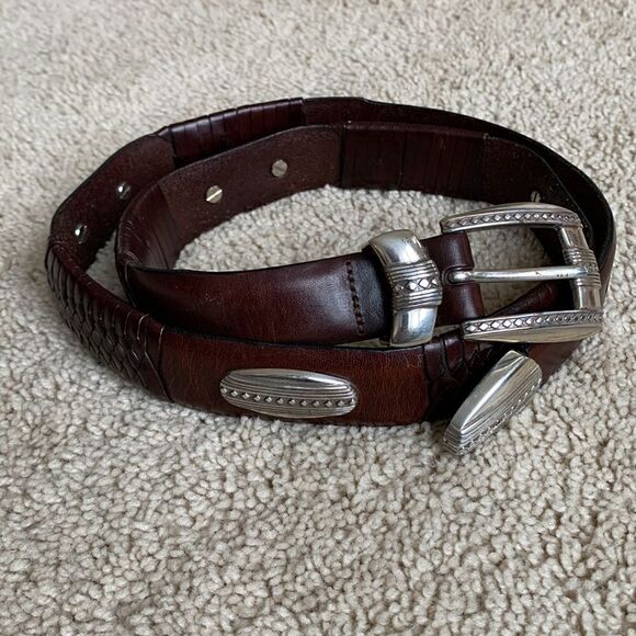 Brown Leather Belt BRIGHTON Braided Silver Medallions and Buckel Size 34 - Picture 2 of 9